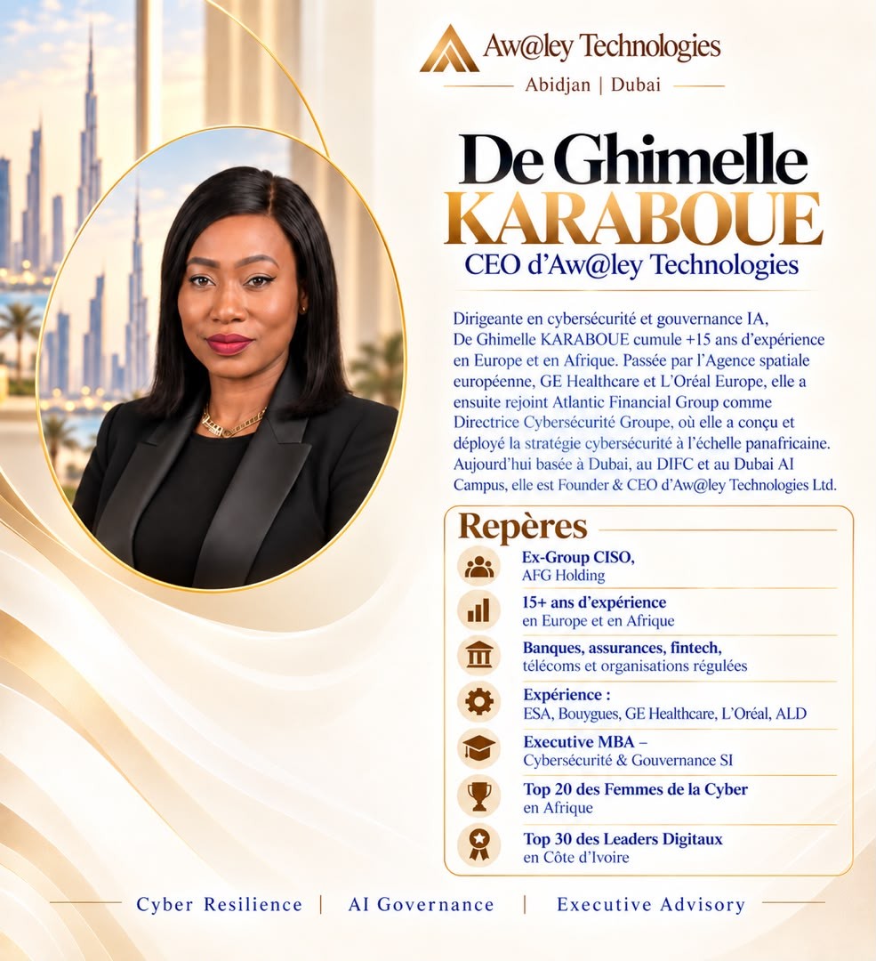 Présentation du parcours de De Ghimelle Karaboué, dirigeante en cybersécurité et gouvernance de l’IA