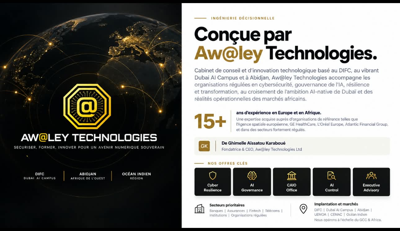Présentation d’Aw@ley Technologies : ingénierie décisionnelle, expérience, fondatrice De Ghimelle Aïssatou Karaboué et offres clés.